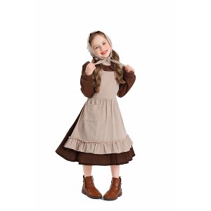 Girls' Dress with Apron Set, Long - Sleeve Layered Dress Outfit with Headscarf for Kids - 1 of 4