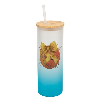 Elanze Designs 25 Ounce Frosted Glass Gradient Travel Tumbler With Straw and Wooden Lid, Basketball Red Paint Splatter Sky Blue