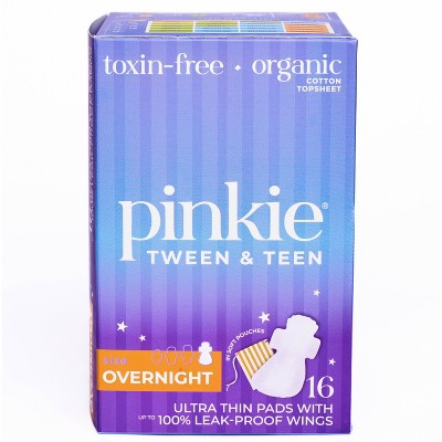 Pinkie Tween & Teen Ultra-Thin Organic Topsheet Overnight Pads with Wings - 16ct