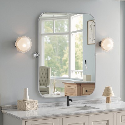 Sleek 91cm Silver-White Iron Rectangular Mirror with Rounded Corners, Rotating Hardware, 2.5cm Depth