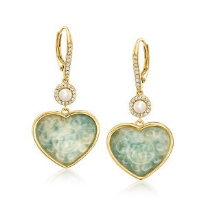 Ross-Simons Jade Heart Drop Earrings With 3.5-4mm Cultured Pearls and .20 ct. t.w. White Topaz in 18kt Gold Over Sterling - 1 of 3