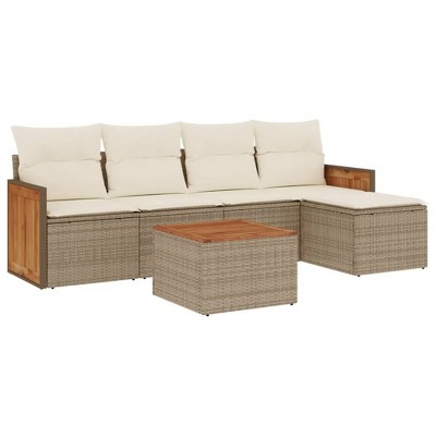 vidaXL 6 Piece Patio Sofa Set with Cushions Beige Poly Rattan - Beige and Cream With Table