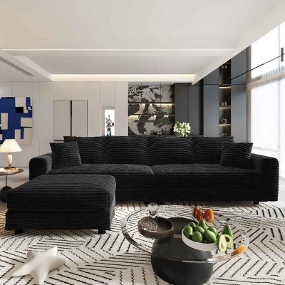 4-Seat Sofa with Ottoman for Living Room, Deep Seat Cloud Couch with Cushions, Plush Corduroy Lounge Sofa with Wood Frame-Coolbibila
