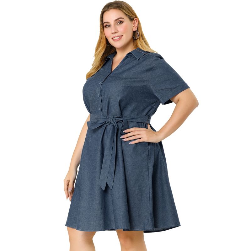 Agnes Orinda Women's Plus Size Relaxed Fit Buttons Belted Short Sleeves Chambray Shirtdress, 4 of 7