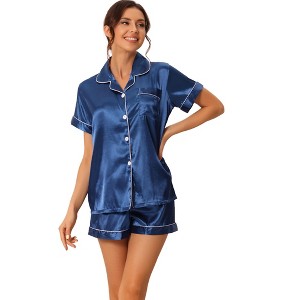 cheibear Women's Silky Satin Button Down Shirt with Shorts Sleepwear Pajama Sets - 1 of 4
