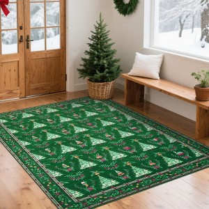 Orieon 60×84 in Washable Christmas Area Rug Non Slip Soft Velvet Holiday Floor Carpet with Tree Pattern for Living Room Bedroom, Green - 1 of 4