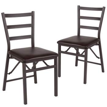 Emma and Oliver 2 Pack Ladder Back Metal Folding Chair with Brown Vinyl Seat