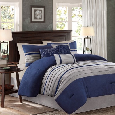 7 Pcs Bed in a Bag Luxury Faux Suede Design Premium Comforter Set, Striped Accent All Season Bedding, Royal Vintage Style Bed Set with Pillow Cases