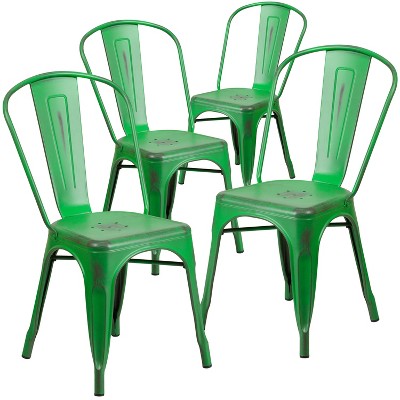 Emma and Oliver Commercial Grade 4 Pack Distressed Metal Indoor-Outdoor Stackable Chair