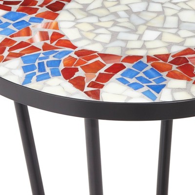 Sunburst Mosaic Red Top 21" Outdoor Accent Side Table Set with Black Iron Frame
