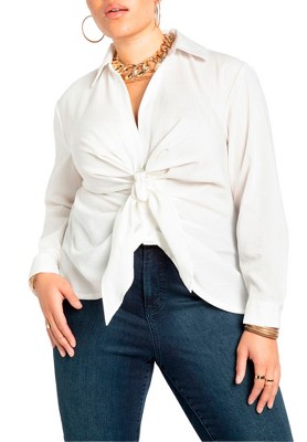 ELOQUII Women's Plus Size Tie Front Collared Blouse