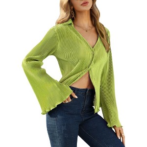 Womens V Neck Flared Long Sleeve Tops Button Down Dressy Casual Shirts Top - 1 of 4