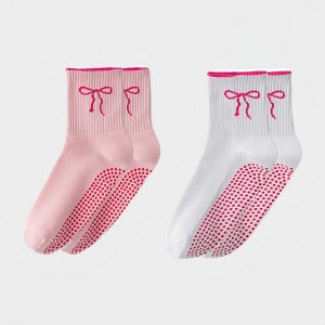 Anna-Kaci Women's 2-Pack Non-Slip Grip Socks with Bow Embroidery and Anti-Skid Dot Soles - 1 of 4