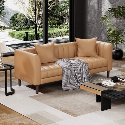 78" W Faux Leather Modern 3 Seater Sofa Couch for Living Room with Deep Seats, 2 Throw Pillows and Wood Legs