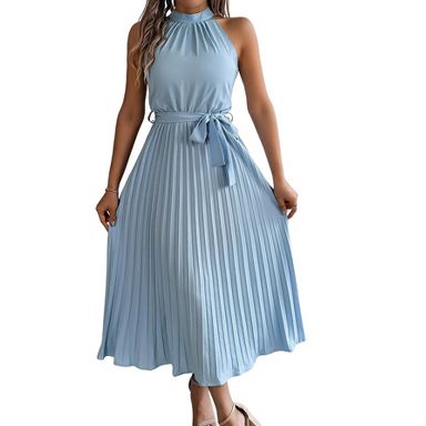 Clearlove Women's Summer Sun Dress Sleeveless Halter Neck Pleated Midi  Cocktail Dresses Flowy Boho Dresses with Belt - Light blue,M : Target
