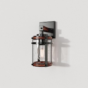 DORESshop 1-Light Black Cylinder Wood Grain Glass Wall Sconce Farmhouse Industrial Rustic Wall Light for Foyer Hallway Living Room - 1 of 4