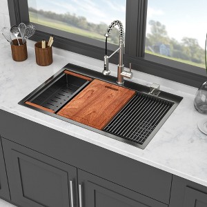 33in Drop in Kitchen Sink - 33*22 inch Gunmetal Black Kitchen Sink Topmount Single Bowl 16 Gauge Stainless Steel Ledge Workstation Kitchen Sinks - 1 of 4