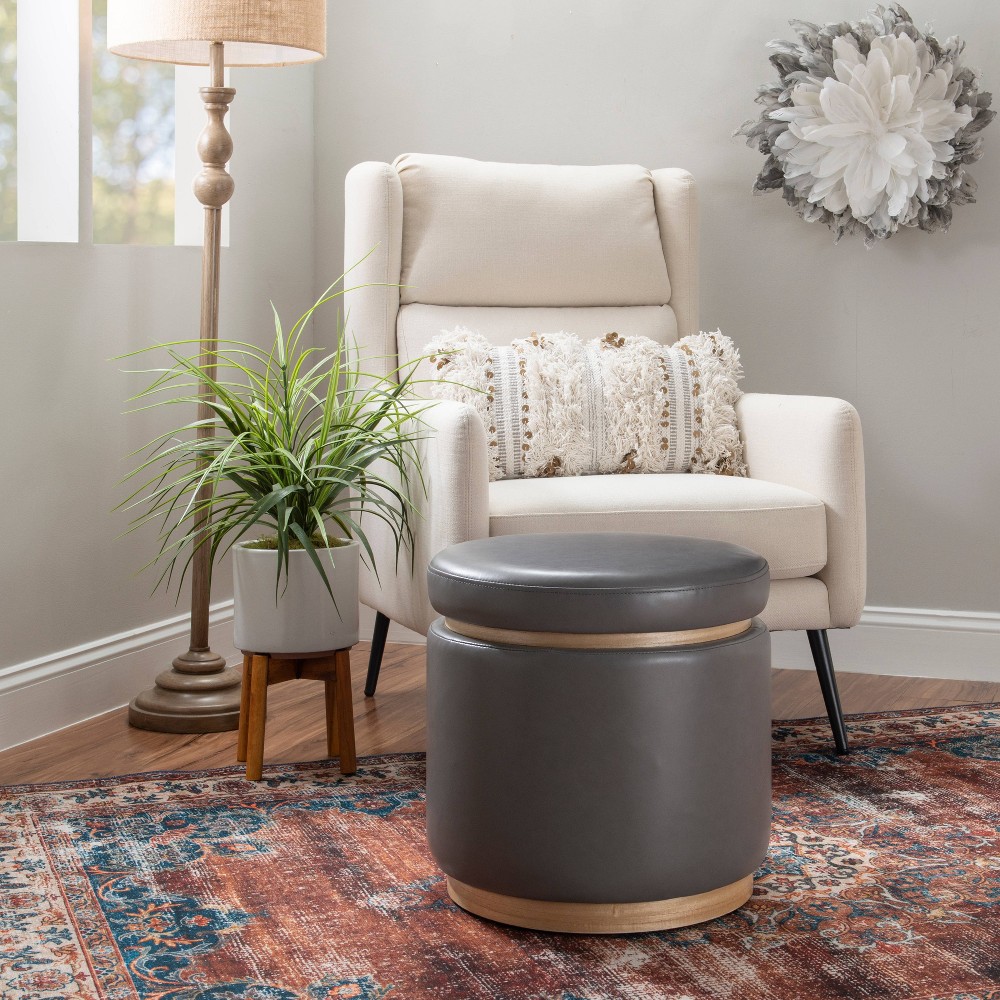 Photos - Pouffe / Bench Linon 18" Blanche Transitional Round Wood & Faux Leather Ottoman with Lift-Top Storage -  Gray Faux Leather 