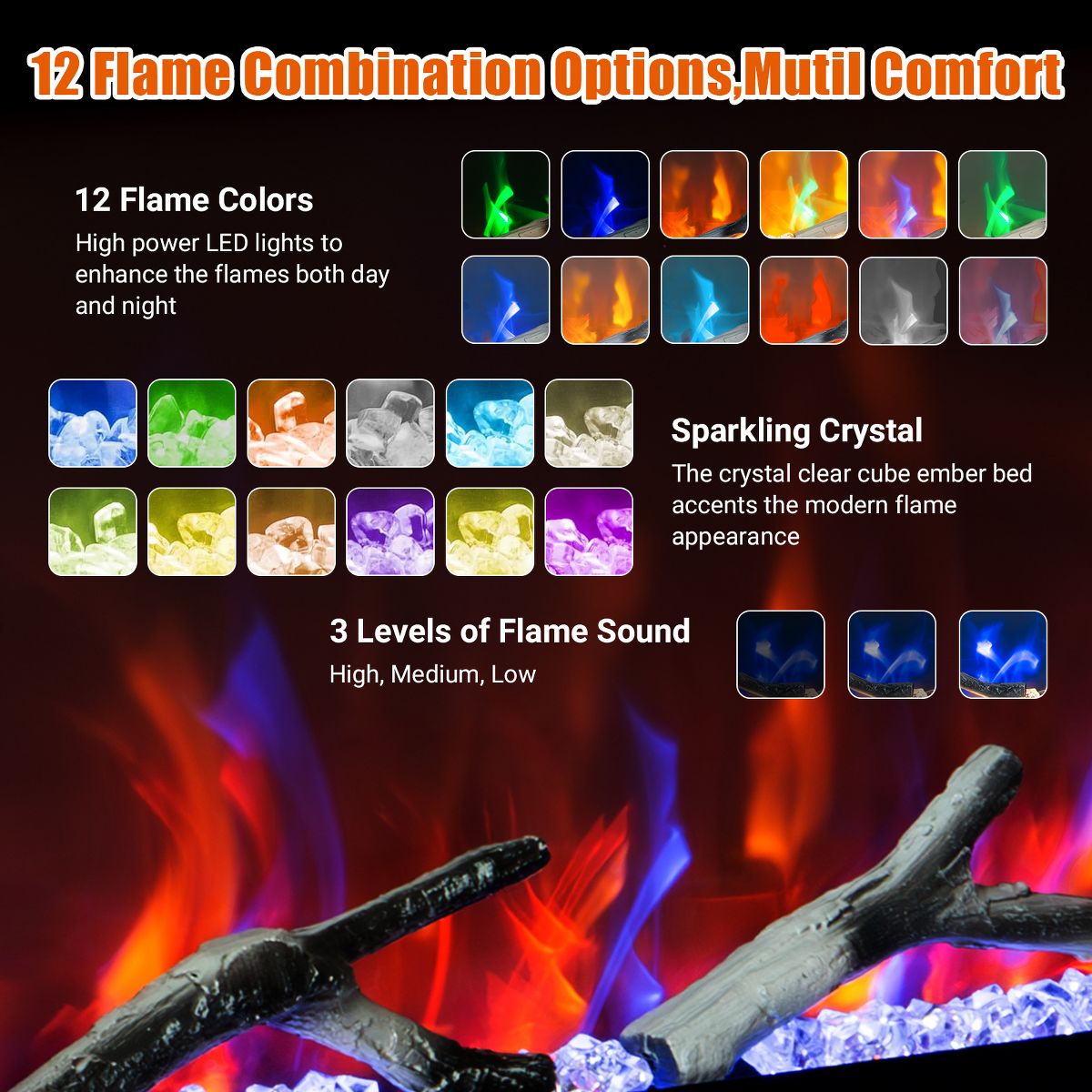 72" Smart Ultra‑Thin Electric Fireplace Insert, WiFi Alexa, 750W/1500W, Multicolor Flames, Thermostat Timer, Wall‑Recessed w/ Remote, Log & Crystal - thumbnail 4