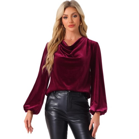 Allegra K Women's Velvet Cowl Neck Lantern Sleeve Tops Wine Red Large ...