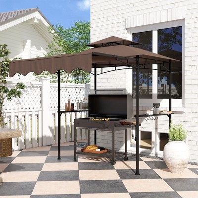 Brown Double Tiered Outdoor BBQ Grill Gazebo with Side Awning