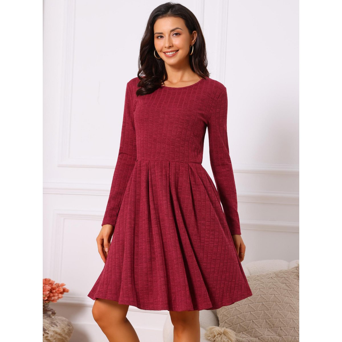 Женские платья INSPIRE CHIC Women's Long Sleeve Round Neck A-Line Swing Knee Length Dress with Pockets Wine Red Medium — фото 4