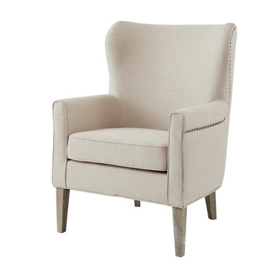 Elegant Natural Wood Wingback Accent Chair with Nailhead Trim