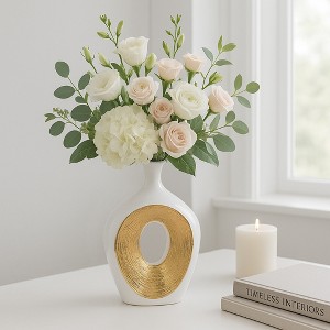 Sagebrook Home Ceramic Oval Vase - Contemporary Glam Abstract Cut-Out Vase Beaded - 1 of 4