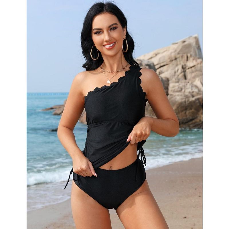 Women Two Piece Swimsuits One Shoulder Bathing Suits Tummy Control Ruched Wavy Edge Tankini Sets, 5 of 8