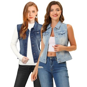 INSPIRE CHIC Women's Buttoned Washed Denim Vest with Faux Chest Flap Pockets 2 Packs - 1 of 4