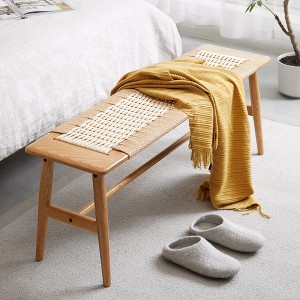 Woven Design Natural Oak Wood Dining Bench Bed Bench for Dining Room, Bedroom, Bathroom - 1 of 4