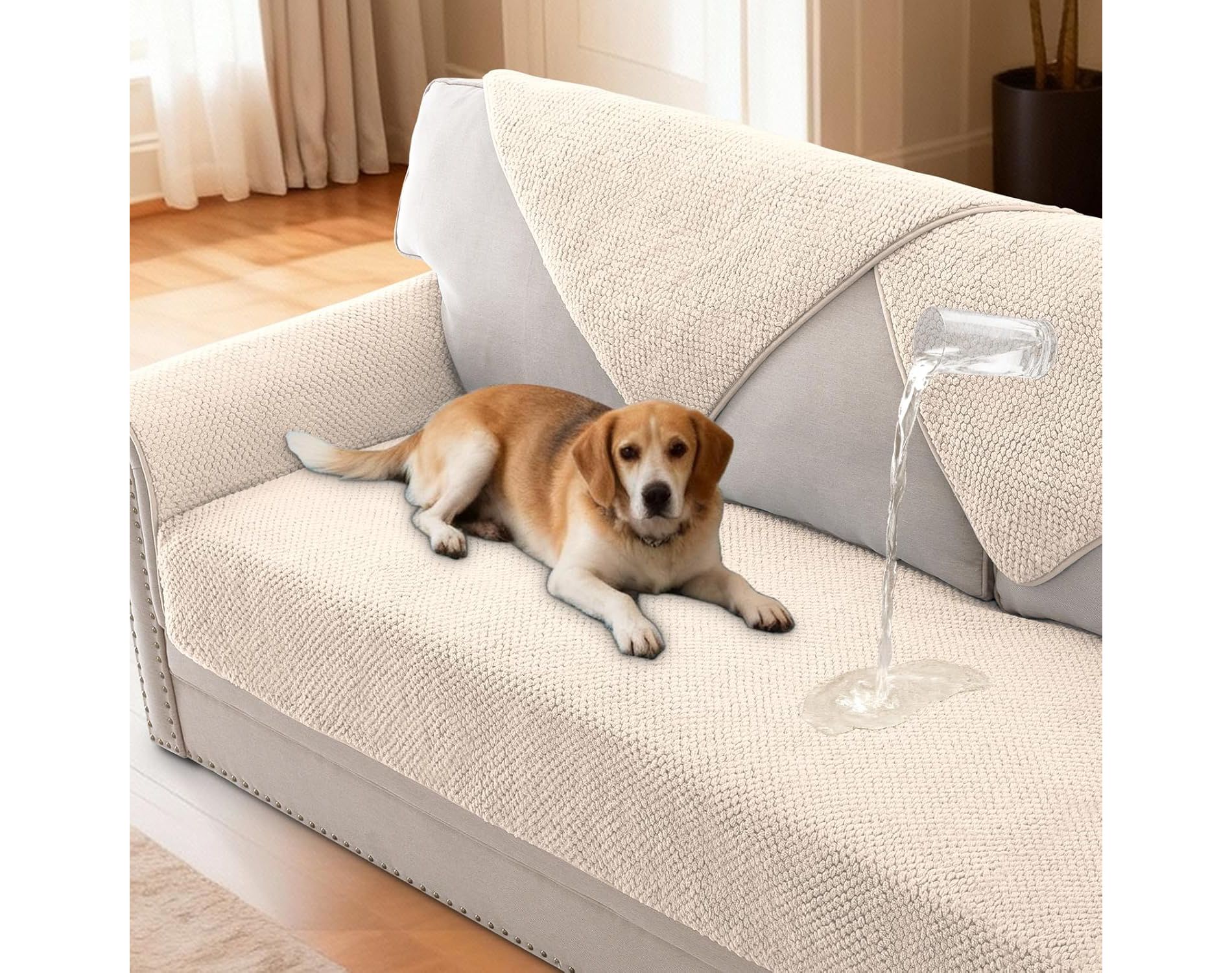 H.Versailtex 1 Piece Waterproof Plush Sofa Cover with Strap Soft Anti Slip Sofa Slipcover for Dogs Cats BEIGE 36“x60"