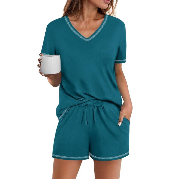 Conjunto de Pijama de Algodón 95% de Manga Corta con Bolsillos de 2 Piezas para Mujer - Ekouaer