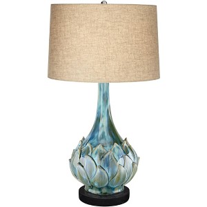 Possini Euro Design Kenya Modern Table Lamp with Round Black Riser 29 1/2" Tall Blue Green Ceramic Beige Linen Drum Shade for Bedroom Living Room Kids - 1 of 4