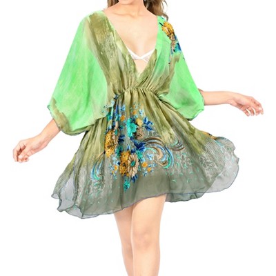 LA LEELA Women's Mini Loose Beachwear Bathing Suit Vacation Swimwear Beach Cover Up Party Bikini Summer L-XL Green , Floral