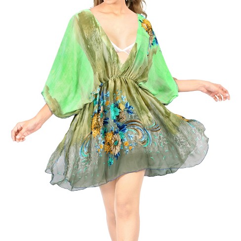 LA LEELA Women's Mini Loose Beachwear Bathing Suit Vacation Swimwear Beach Cover Up Party Bikini Summer L-XL Green , Floral - image 1 of 4