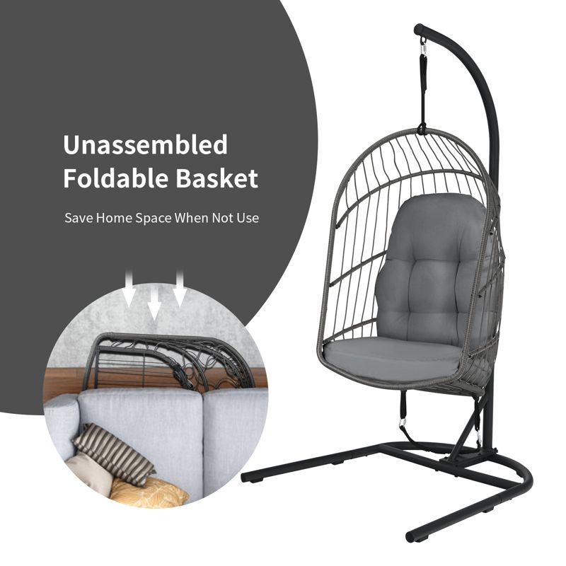 Tangkula Modern Rattan Hanging Egg Swing Chair w/Stand Foldable Cushioned Hammock Gray/Beige, 4 of 9