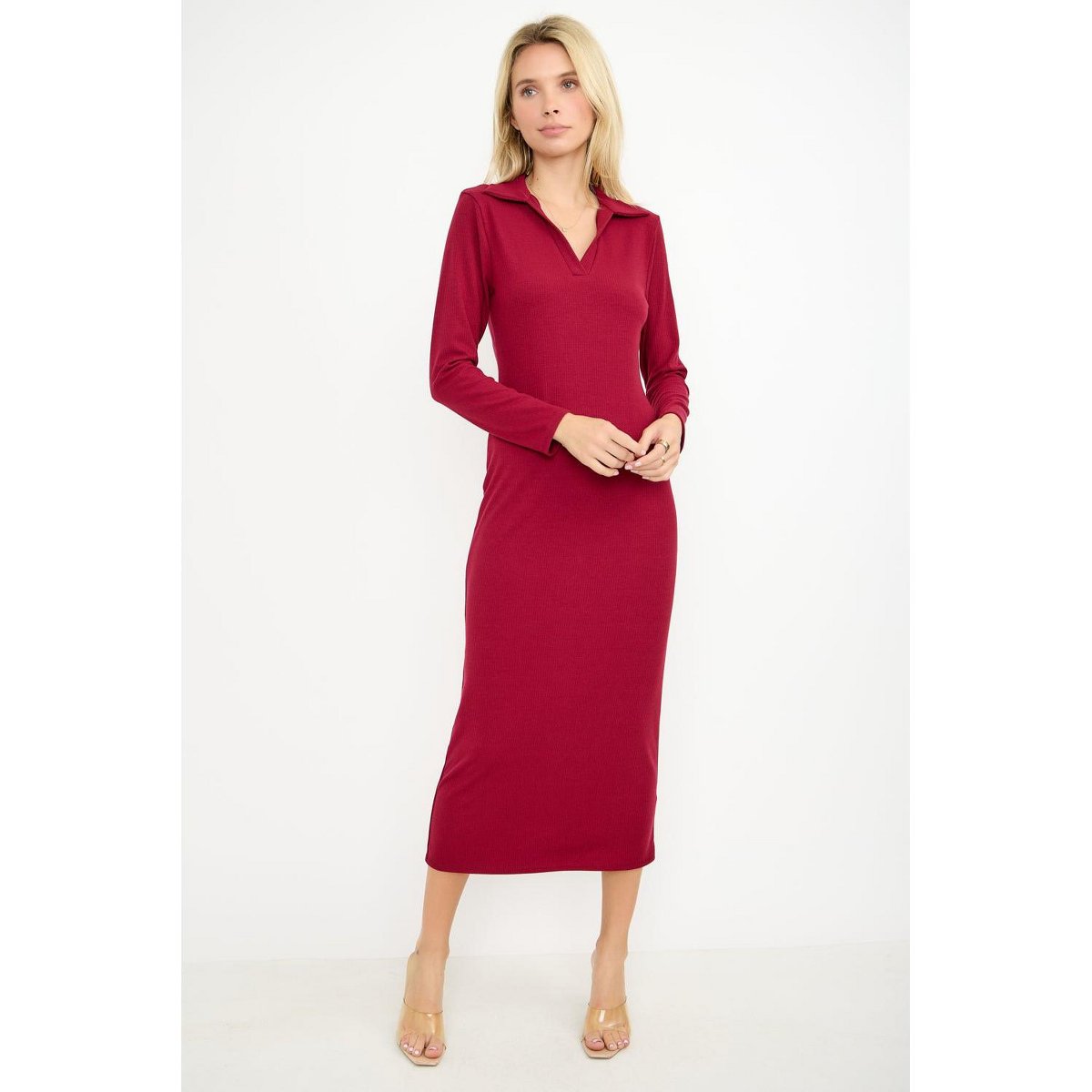 Женские платья West K Elena Ribbed Long Sleeve Collared Midi Dress - Small - Wine — фото 4