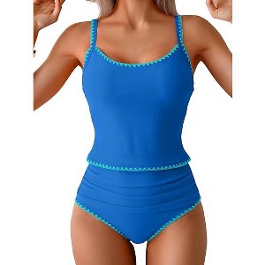 Eomenie Tankini Swimsuit for Women Tummy Control Ruched Two Piece Bathing Suits High Waisted Shell Stitch Swimwear - 1 of 3
