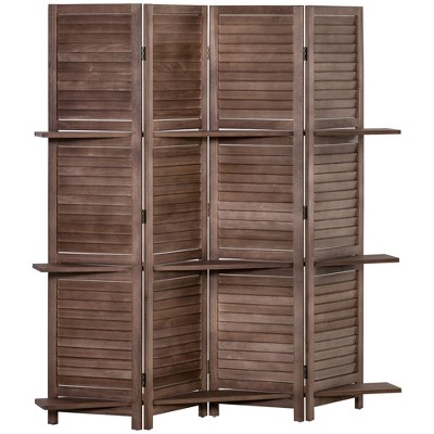 HOMCOM 4-Panel Folding Room Divider, 5.6 Ft Freestanding Paulownia Wood Privacy Screen Panel with Storage Shelves for Bedroom or Office