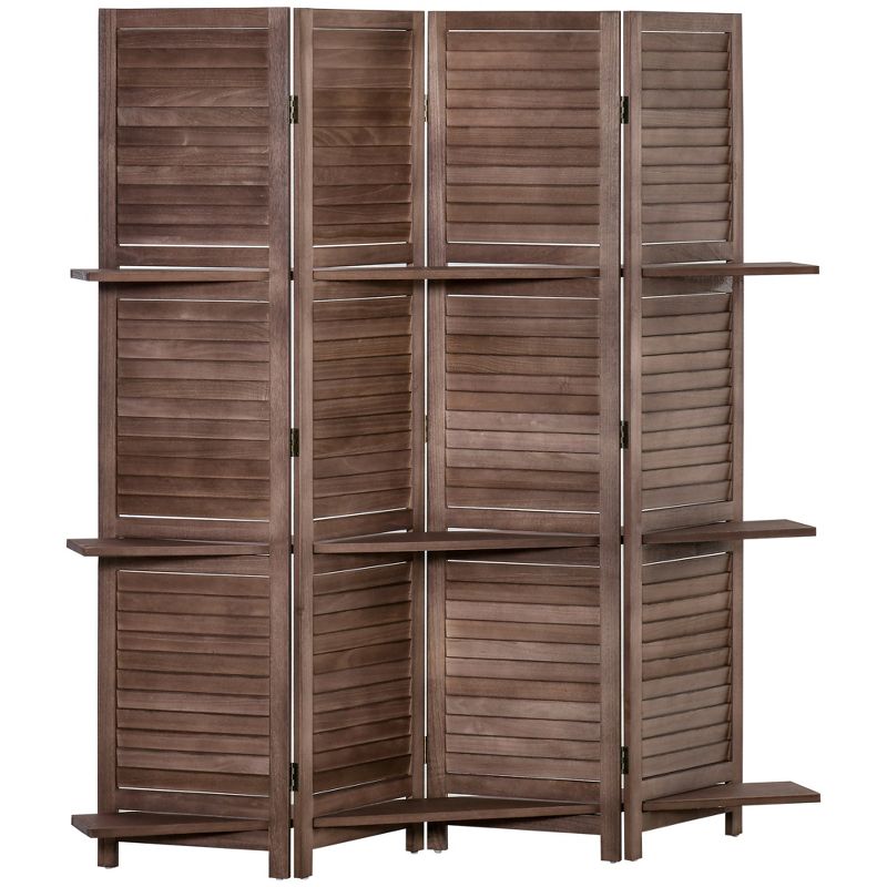 HOMCOM 4-Panel Folding Room Divider, 5.6 Ft Freestanding Paulownia Wood Privacy Screen Panel with Storage Shelves for Bedroom or Office, 1 of 7