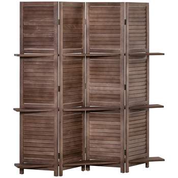 HOMCOM 4-Panel Folding Room Divider, 5.6 Ft Freestanding Paulownia Wood Privacy Screen Panel with Storage Shelves for Bedroom or Office