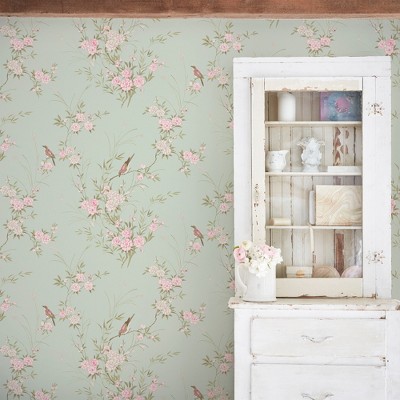 Green Floral Bird Chinoiserie Non-Pasted Wallpaper