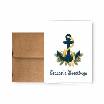 Paper Frenzy Nautical Coastal Anchor Christmas Holiday Cards with Kraft Envelopes - 25 pack