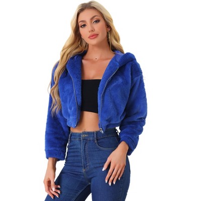 INSPIRE CHIC Women's Casual Hooded Zip Up Long Sleeve Cropped Faux Fur Jacket