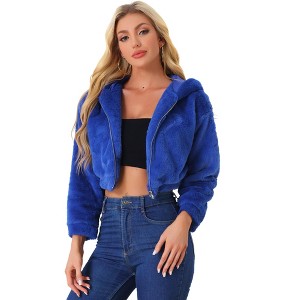 INSPIRE CHIC Women's Casual Hooded Zip Up Long Sleeve Cropped Faux Fur Jacket - 1 of 4