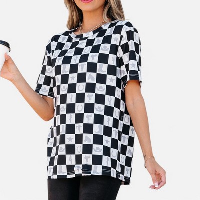 Amaryllis Women's Oversized Checkerboard Graphic Tee Western-Inspired Short Sleeve Relaxed Fit T-Shirt