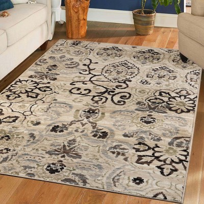 Beige Floral Damask Polypropylene Area Rug with Jute Backing