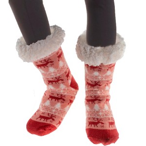 5 Star Super Deals Christmas Fuzzy Faux Shearling Socks, Warm Thick Fleece Thermal w/ Nonslip Grippers, Christmas Stockings - 2 Pairs - 1 of 4