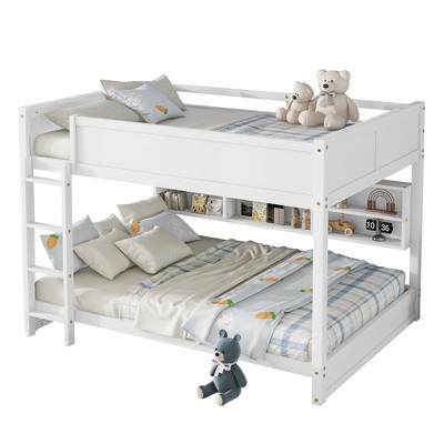 TIRAMISUBEST Queen Over Queen Size Bunk Bed with Built-in Storage Cabinets & Charging Station, Pine Wood Bunk Bedframe with Ladder,Safety Guardrails